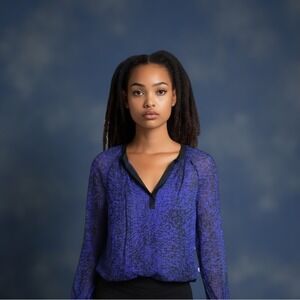 Rebecca Taylor Silk Sheer Blouse Womens 0 Purple Black Long‎ Sleeve Top